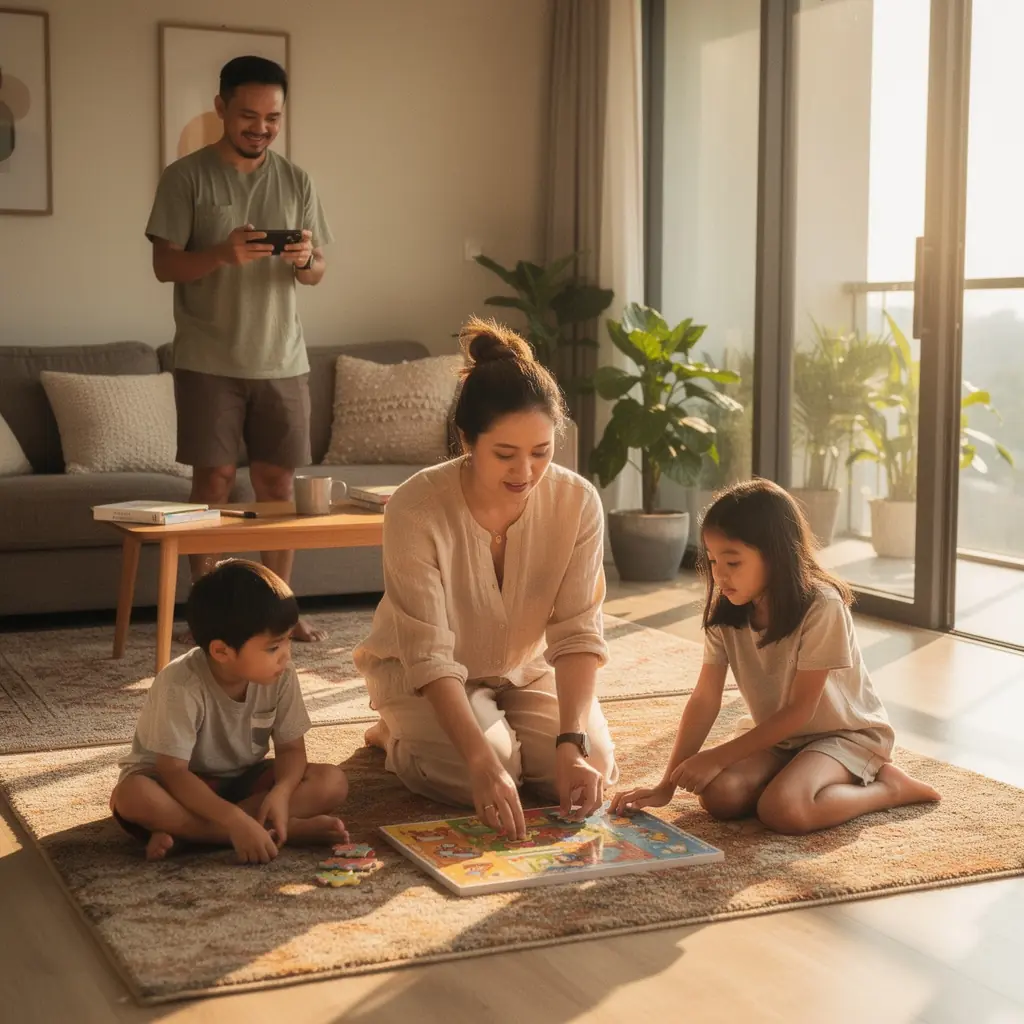 A family engaging in a fun gardening activity, teaching children about nature and responsibility.